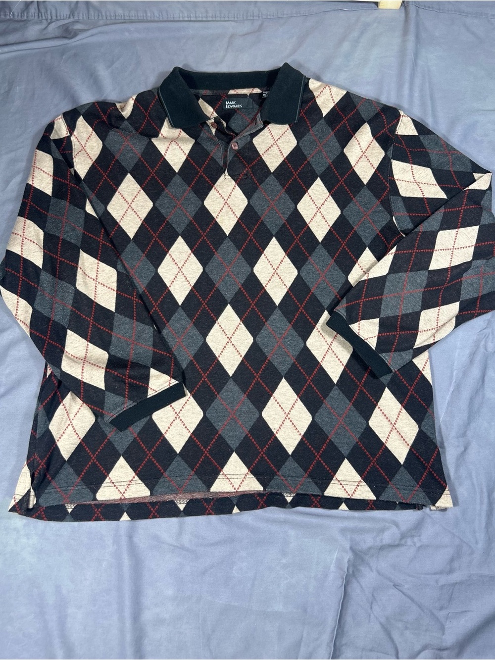 Argyle Long-Sleeve Polo Shirt - Black, Gray & White